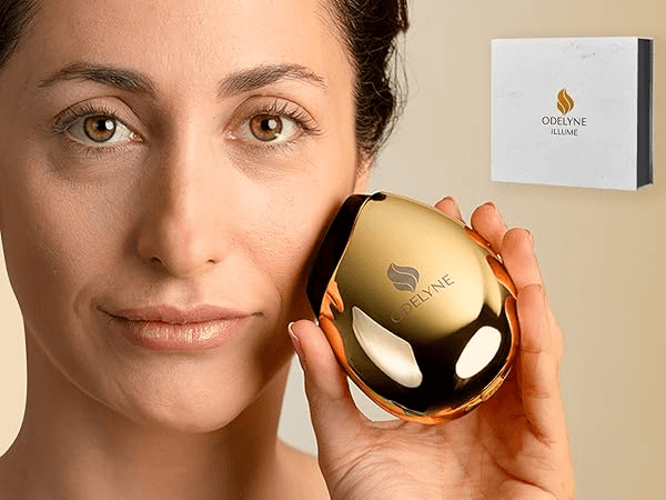Dispositivo facial ODELYNE Illume Pro en uso sobre mejilla